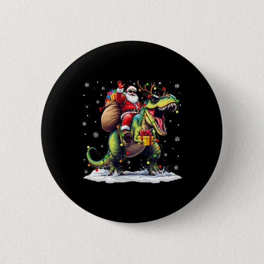 サンタが恐竜 ティラノサウルスに乗る クリスマス 少年 男性 Xmas 缶バッジ (正面)