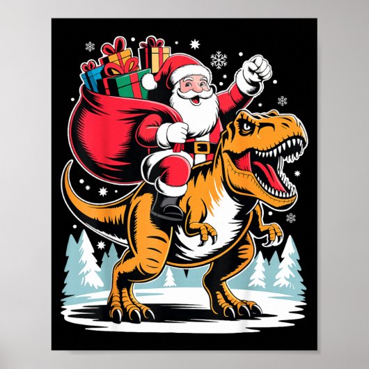 サンタが恐竜T-Rexに乗ったクリスマス男子 Xmas ポスター (正面)