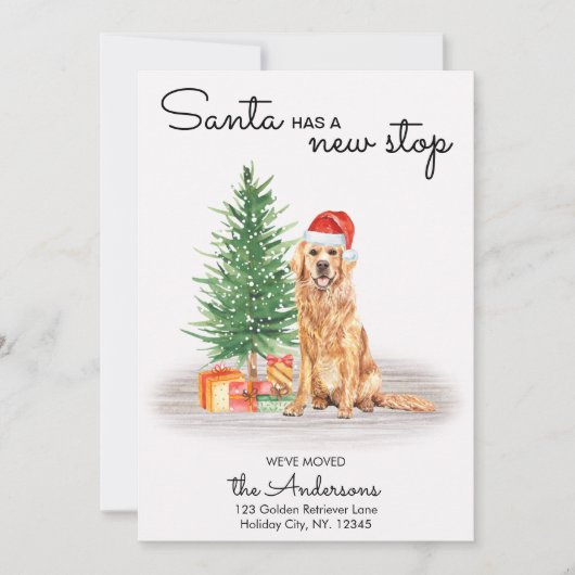 サンタが新しいゴールデンストップレトリーバー犬を動かしている シーズンカード (正面)