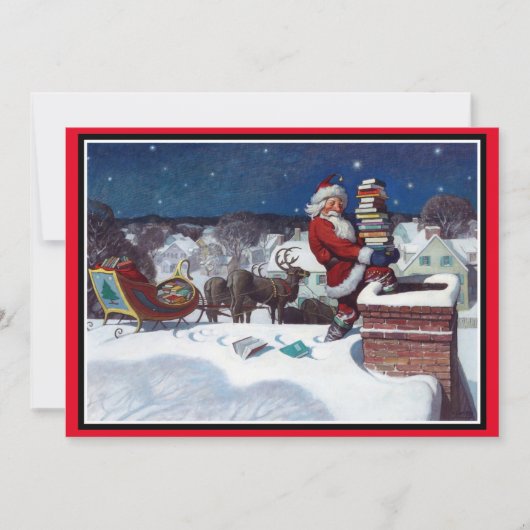 サンタが本の束を届ける シーズンカード (正面)