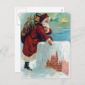 サンタが煙突のビンテージクリスマスを降りる シーズンポストカード (正面/裏面)