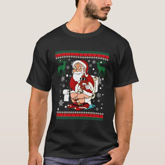 サンタが煙突の醜いセーターのキリストを垂れ下がる Tシャツ (正面)