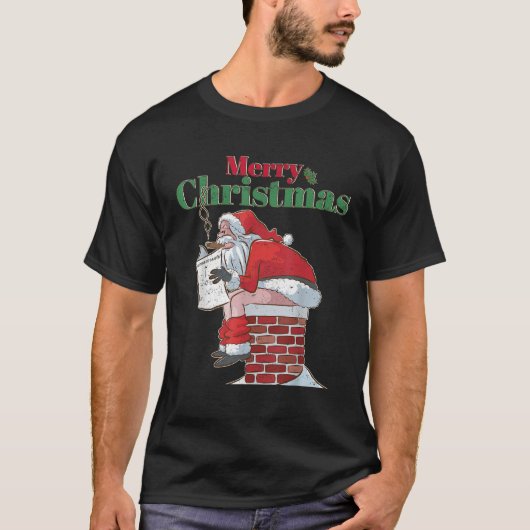 サンタが煙突を滑り落ちてウンコする面白いクリスマスTシャツ Tシャツ (正面)