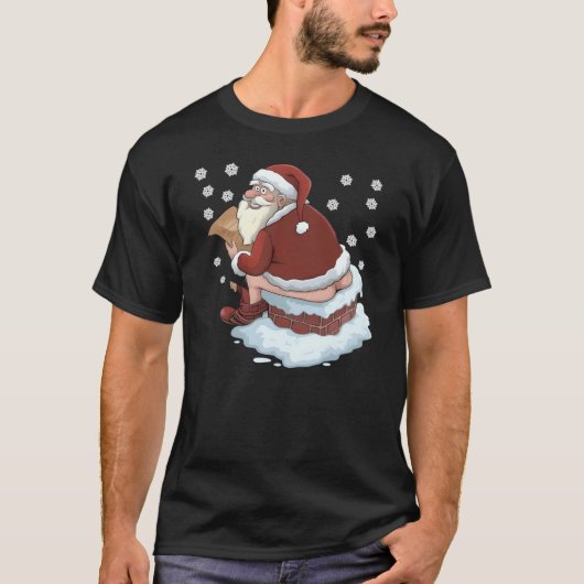 サンタが煙突を滑り落ちる おかしなユーモアギフト Tシャツ (正面)