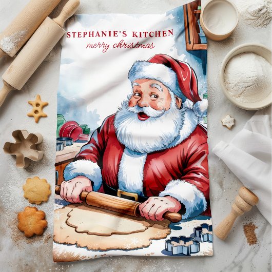 サンタが生地を伸ばす パーソナライズド クリスマス キッチンタオル