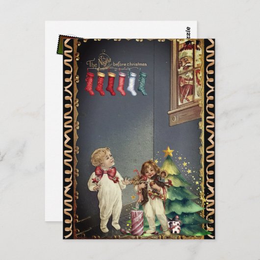 サンタが窓から覗く 子供たち クリスマスイブの前の夜 ポストカード (正面/裏面)