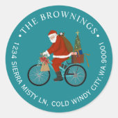 サンタが自転車のクリスマスホリデーアドレスに乗馬 ラウンドシール (正面)