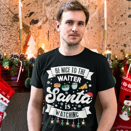 サンタが見ているウェイターに優しいユーモアのある Tシャツ