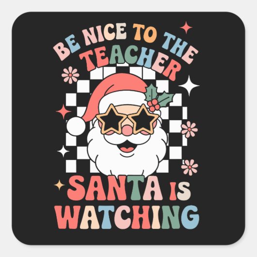 サンタが見ている先生に優しいレトロ スクエアシール (正面)