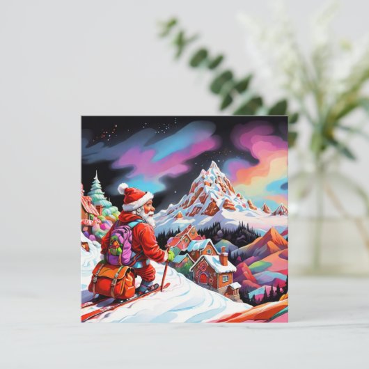サンタが谷の上をスキーでクリスマスを楽しむ シーズンカード (スタンド正面)