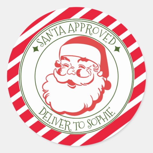 サンタが赤いクリスマスストライププレゼントを届ける ラウンドシール (正面)