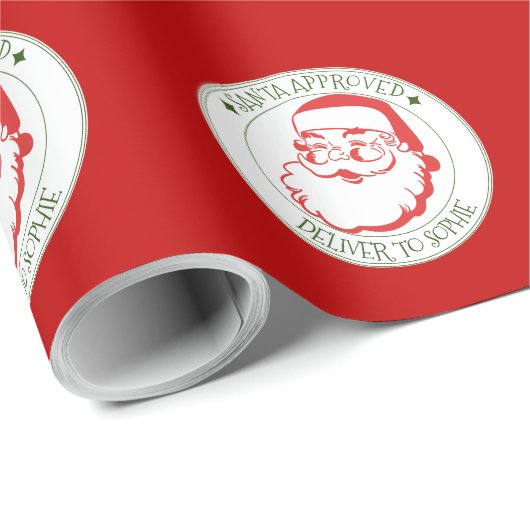 サンタが赤いクリスマスプレゼントを届けることを承認 ラッピングペーパー (ロールコーナー)