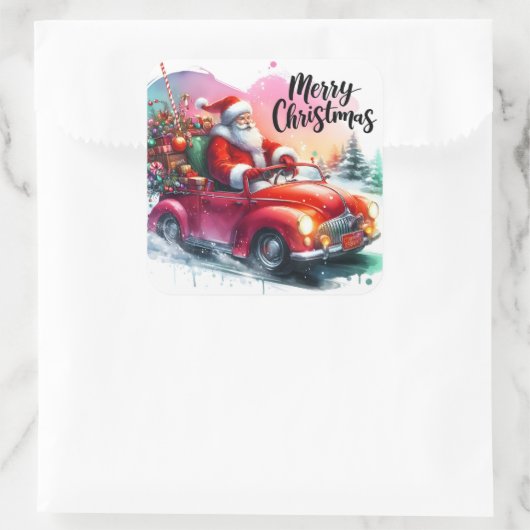 サンタが車をクラシック運転するプレゼント スクエアシール (バッグ)