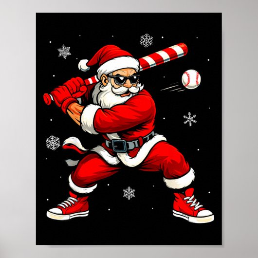 サンタが野球をする クリスマスのおもしろいサンタクロース ポスター (正面)