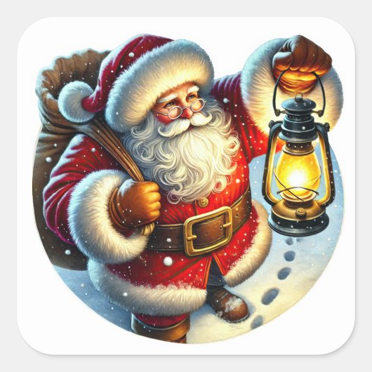 サンタが雪の中を夜に散歩 スクエアシール (正面)