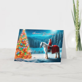 サンタが馬に乗ってクリスマスツリーカードを賞賛 シーズンカード