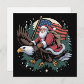 サンタが鷹に乗ってアメリカ国旗のクリスマス シーズンカード (正面/裏面)