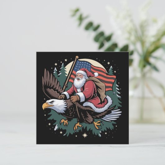 サンタが鷹に乗ってアメリカ国旗のクリスマス シーズンカード (スタンド正面)