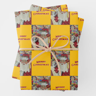 サンタが2回メリークリスマス金ゴールド ラッピングペーパーシート