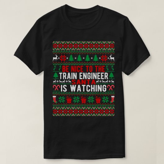 サンタがChを見ている列車のエンジニアに優しい Tシャツ (デザイン正面)