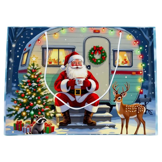 サンタがRVの外でホットココアを飲む クリスマス ラージペーパーバッグ (正面)
