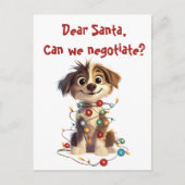 サンタさんへの手紙を書く子犬のクリスマス ポストカード (正面)