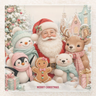 サンタさん、ペンギン、クマ、トナカイと可愛いクリスマス ガラスコースター