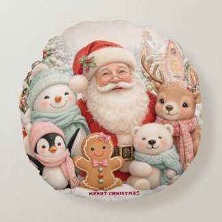 サンタさん、ペンギン、クマ、トナカイと過ごす可愛いクリスマス ラウンドクッション