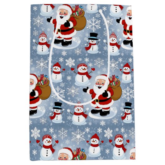 サンタすてきクロースと雪だるまクリスマスパターン ミディアムペーパーバッグ (正面)