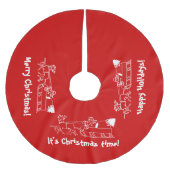 サンタそりに乗った赤いクリスマスツリースカート ブラッシュドポリエステルツリースカート (正面)