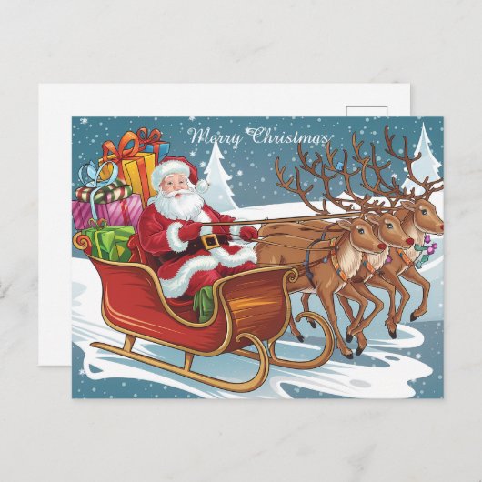 サンタそりに乗るクリスマスプレゼントとトナカイ ポストカード (正面/裏面)