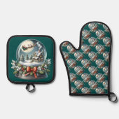 サンタそりに乗るスノーグローブワンダーランド 鍋つかみ&鍋敷きセット (正面)