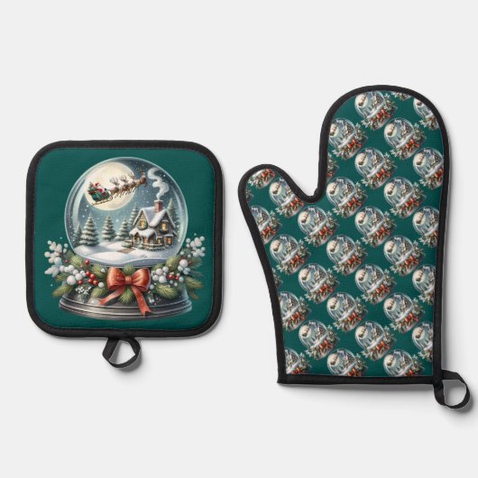 サンタそりに乗るスノーグローブワンダーランド 鍋つかみ&鍋敷きセット (正面)