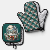 サンタそりに乗るスノーグローブワンダーランド 鍋つかみ&鍋敷きセット (正面/裏面)