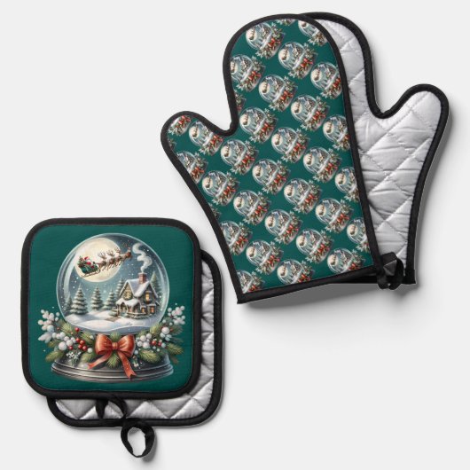 サンタそりに乗るスノーグローブワンダーランド 鍋つかみ&鍋敷きセット (正面/裏面)