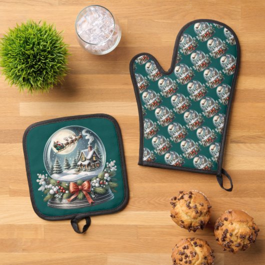 サンタそりに乗るスノーグローブワンダーランド 鍋つかみ&鍋敷きセット (トップダウン)