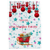 サンタそりピンクブルークリスマススターズがパーソナライズ ミディアムペーパーバッグ (裏面)