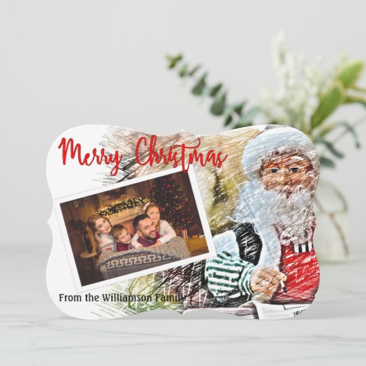 サンタとのあなたの写真とよい子のリスト ファンシー カット シーズンカード (スタンド正面)