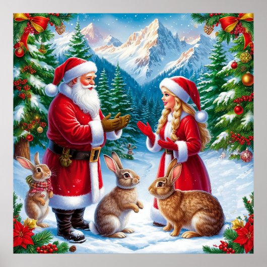 サンタとウサギの冬の壁飾り クリスマス用 ポスター (正面)