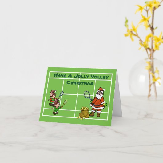 サンタとエルフがテニスをするクリスマスカード カード (黄色い花)