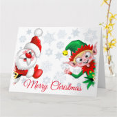 サンタとエルフのクリスマスキャラクターが親指を立てるカード カード (黄色い花)