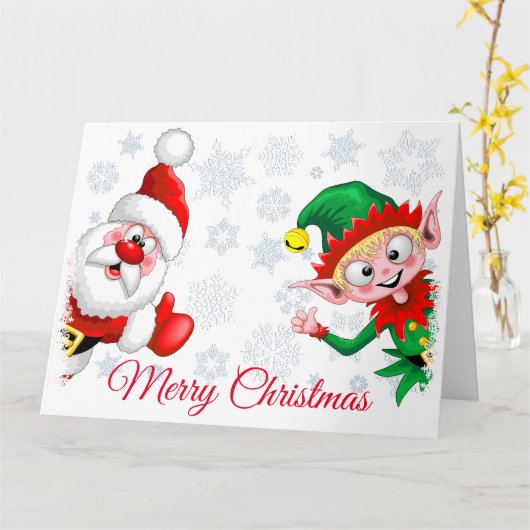 サンタとエルフのクリスマスキャラクターが親指を立てる カード (黄色い花)