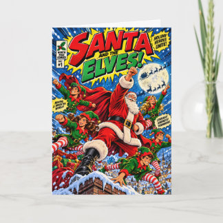 サンタとエルフのスーパーヒーロークリスマスカード | レトロ カード