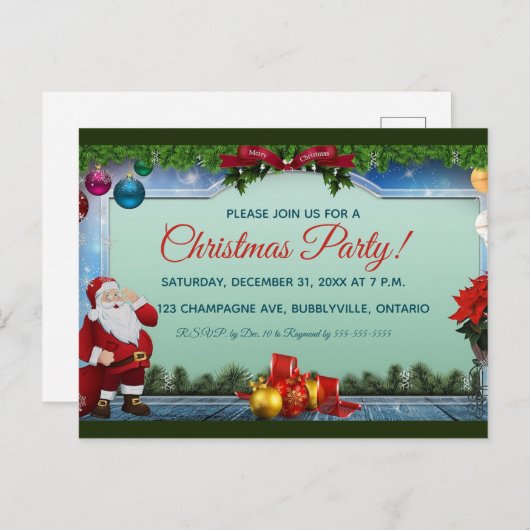 サンタとオーナメントクリスマスパーティの招待状! インビテーションポストカード (正面/裏面)