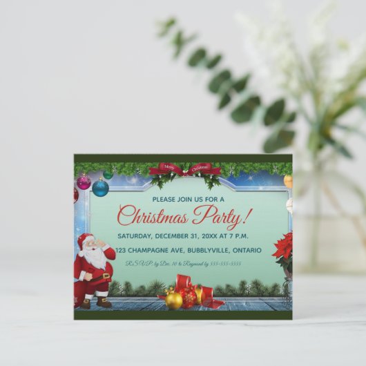 サンタとオーナメントクリスマスパーティの招待状! インビテーションポストカード (スタンド正面)