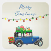 サンタとギフトと美しいクリスマスブルーカー スクエアシール (正面)