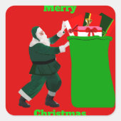 サンタとギフトサック赤ステッカー スクエアシール (正面)