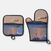 サンタとギリシャのサントリーニでのクリスマス 鍋つかみ&鍋敷きセット (正面)