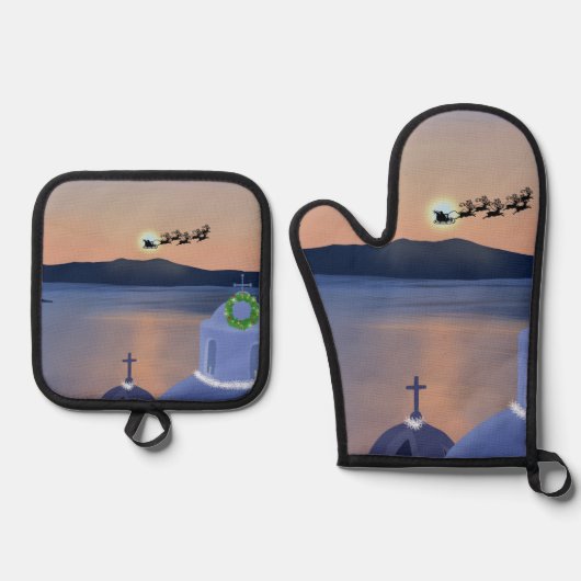 サンタとギリシャのサントリーニでのクリスマス 鍋つかみ&鍋敷きセット (正面)