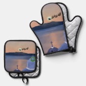 サンタとギリシャのサントリーニでのクリスマス 鍋つかみ&鍋敷きセット (正面/裏面)